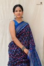 Load image into Gallery viewer, Handloom drape view of Neelima Sambalpuri Bandha saree in navy blue — Bhulia woven mercerized cotton, Pasapali