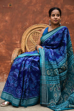 Load image into Gallery viewer, Neelmayi Blue Sambalpuri Bandha mercerized cotton saree by Pasapali — full view with mayur and Rudraksha motifs