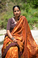 Load image into Gallery viewer, Nishavana golden Kotpad saree front drape — tribal geometric butas on solid golden body, Tussar Cotton Silk