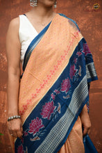 Load image into Gallery viewer, Padmavati Sambalpuri cotton saree front drape — cream field with woven lotus motifs and teal Rudraksha border by Pasapali