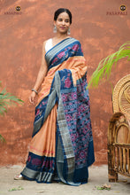 Load image into Gallery viewer, Handloom drape view of Padmavati — GI certified Sambalpuri Bandha mercerized cotton saree in cream and teal by Pasapali