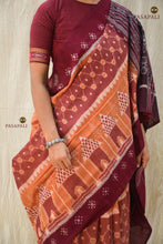 Load image into Gallery viewer, Pallisri Sambalpuri Bandha saree hero view — Bhulia weavers Odisha, mercerized cotton, maroon and light brown palette.