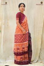 Load image into Gallery viewer, Pallisri light brown Sambalpuri cotton saree full view — Bandha double ikat, tribal hut motifs, maroon border. Pasapali.