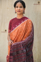 Load image into Gallery viewer, Pallisri body weave detail — tribal village hut motifs in Bandha double ikat on light brown Sambalpuri cotton. Pasapali.