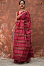 Load image into Gallery viewer, Parampara — hero view of maroon Sambalpuri handloom cotton Bandha saree with jala body by Pasapali