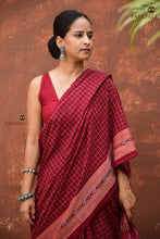 Load image into Gallery viewer, Parampara — full view of maroon Sambalpuri Bandha mercerized cotton saree with jala checks by Pasapali