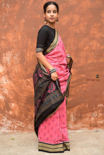 Load image into Gallery viewer, Parijata Sambalpuri ikat saree Odisha front drape close-up — black rudraksha border on pink mercerized cotton, Pasapali