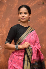 Load image into Gallery viewer, Parijata Sambalpuri Bandha saree rudraksha border close-up — black and pink double ikat cotton, Pasapali Odisha handloom