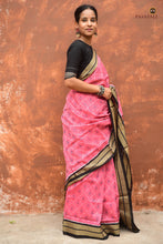 Load image into Gallery viewer, Parijata pink Sambalpuri Bandha cotton saree folded view — rudraksha border and ikat pallu visible, Pasapali handloom