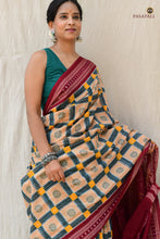 Load image into Gallery viewer, Pashika Sambalpuri cotton saree front drape view — double ikat saktapar Pasapali motif body with flower buta in cream by Pasapali