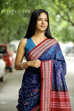 Load image into Gallery viewer, Navy blue Ikat saree depicting fishermen and rural motifs with maroon finishing – Pasapali