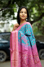 Load image into Gallery viewer, Sambalpuri cotton saree with teal body and pink star border – Pasapali