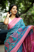 Load image into Gallery viewer, Traditional Odisha handloom saree in teal and pink with fish and conch motifs – Pasapali