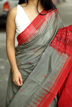 Load image into Gallery viewer, Matsyarekha - Mud Grey Cotton Phoda Kumbha Sambalpuri Saree with Fish Motifs and Red Temple Border