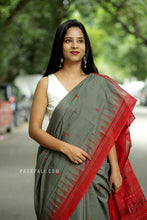 Load image into Gallery viewer, Matsyarekha - Mud Grey Cotton Phoda Kumbha Sambalpuri Saree with Fish Motifs and Red Temple Border