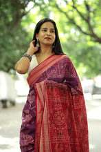 Load image into Gallery viewer, Handwoven purple Sambalpuri saree featuring traditional elephant motifs and red border by Pasapali