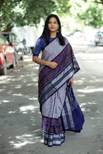 Load image into Gallery viewer, Neel Matsya - Sambalpuri Saree with Silver Fish & Floral Motifs