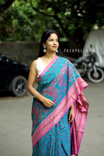 Load image into Gallery viewer, Neelshankha - Teal Blue Mercerized Cotton Sambalpuri Saree with Fish & Shankh Motifs and Pink Star Border
