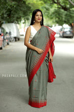 Load image into Gallery viewer, Matsyarekha - Mud Grey Cotton Phoda Kumbha Sambalpuri Saree with Fish Motifs and Red Temple Border