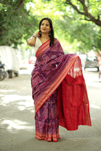 Load image into Gallery viewer, Elegant purple cotton saree with woven elephant and tree motifs symbolizing prosperity and growth – Pasapali