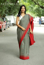 Load image into Gallery viewer, Matsyarekha - Mud Grey Cotton Phoda Kumbha Sambalpuri Saree with Fish Motifs and Red Temple Border