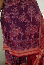 Load image into Gallery viewer, Purple Sambalpuri saree adorned with elephant and tree motifs representing strength and harmony – Pasapali