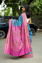 Load image into Gallery viewer, Neelshankha - Teal Blue Mercerized Cotton Sambalpuri Saree with Fish & Shankh Motifs and Pink Star Border