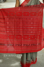Load image into Gallery viewer, Matsyarekha - Mud Grey Cotton Phoda Kumbha Sambalpuri Saree with Fish Motifs and Red Temple Border