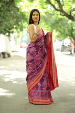 Load image into Gallery viewer, Artisan-crafted Sambalpuri saree in rich purple tone with traditional elephant motifs and red border – Pasapali