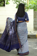 Load image into Gallery viewer, Festive Sambalpuri saree with tiny ikat buta motifs and contrasting blue border and pallu