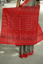 Load image into Gallery viewer, Matsyarekha - Mud Grey Cotton Phoda Kumbha Sambalpuri Saree with Fish Motifs and Red Temple Border