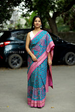 Load image into Gallery viewer, Neelshankha - Teal Blue Mercerized Cotton Sambalpuri Saree with Fish & Shankh Motifs and Pink Star Border
