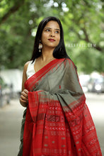 Load image into Gallery viewer, Matsyarekha - Mud Grey Cotton Phoda Kumbha Sambalpuri Saree with Fish Motifs and Red Temple Border