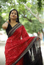 Load image into Gallery viewer, Festive red cotton saree from Pasapali with Rudraksh border and sacred weaving motifs