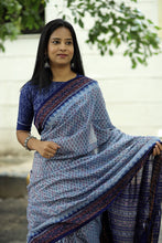 Load image into Gallery viewer, Sky blue Sambalpuri cotton saree with tiny ikat buta motifs and rich blue ikat border – Pasapali