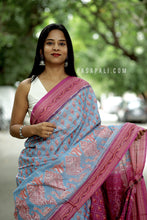 Load image into Gallery viewer, NeelPriya - Light Sky Blue Mercerized Cotton Sambalpuri Saree with Fish & Shankh Motifs