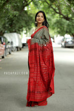 Load image into Gallery viewer, Matsyarekha - Mud Grey Cotton Phoda Kumbha Sambalpuri Saree with Fish Motifs and Red Temple Border
