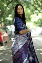 Load image into Gallery viewer, Neel Matsya - Sambalpuri Saree with Silver Fish & Floral Motifs