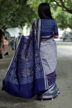 Load image into Gallery viewer, Neel Matsya - Sambalpuri Saree with Silver Fish & Floral Motifs
