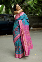 Load image into Gallery viewer, Neelshankha - Teal Blue Mercerized Cotton Sambalpuri Saree with Fish & Shankh Motifs and Pink Star Border