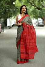 Load image into Gallery viewer, Matsyarekha - Mud Grey Cotton Phoda Kumbha Sambalpuri Saree with Fish Motifs and Red Temple Border