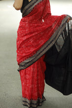 Load image into Gallery viewer, Pasapali handcrafted red saree showcasing sacred motifs and elegant Rudraksh border design