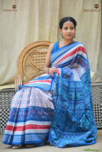 Load image into Gallery viewer, Handloom drape view of Pushpaja Sambalpuri cotton saree — Phula body motifs and Rudraksha border in white and blue
