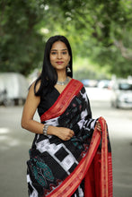 Load image into Gallery viewer, Authentic Bandha Art Black Saree with Red Border and Golden Rudraksha Motif - Pasapali