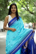 Load image into Gallery viewer, Detailed Ratha Chakra (Chariot Wheel) Jala work on a Royal Blue Silk Pallu