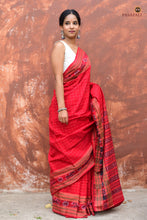 Load image into Gallery viewer, Sachipar Daanti red mercerized cotton saree — front drape, chevron ikat pallu, Sambalpuri Bandha weave, Pasapali