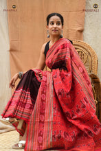 Load image into Gallery viewer, Sachipar Black Red Sambalpuri cotton saree flat lay — full length view showing border, body, pallu, Pasapali