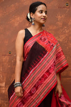 Load image into Gallery viewer, Sachipar Sambalpuri cotton saree front drape detail — black check body with red border contrast, Pasapali