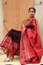 Load image into Gallery viewer, Sachipar Black Sambalpuri cotton saree front drape — Sachipar check body and red ikat pallu by Pasapali