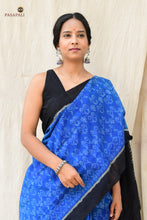 Load image into Gallery viewer, Shankhamayi Blue Sambalpuri Bandha mercerized cotton saree by Pasapali — full hero view with shankha body motifs
